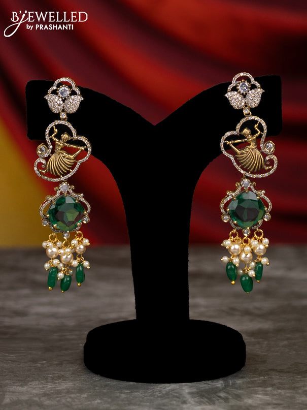 Beaded necklace with emerald & cz stones and pearl & green beads hangings in victorian finish