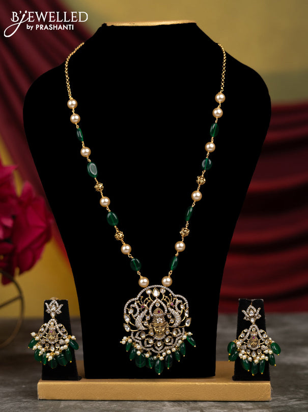 Beaded green necklace tirupati balaji pendant with cz stones and pearl & beads hangings in victorian finish