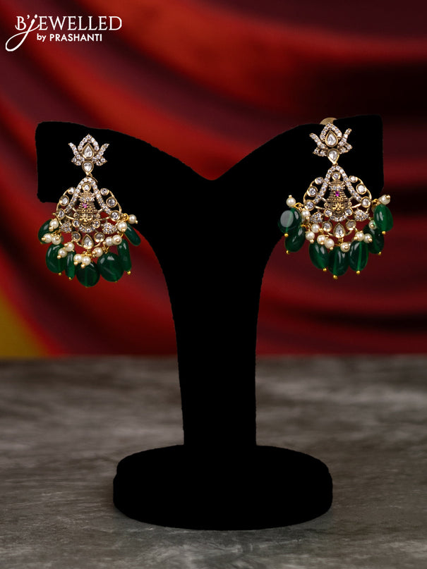 Beaded green necklace tirupati balaji pendant with cz stones and pearl & beads hangings in victorian finish