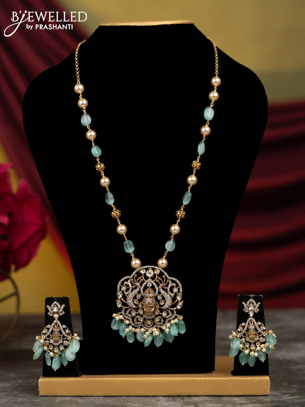 Beaded mint green necklace tirupati balaji pendant with cz stones and pearl & beads hangings in victorian finish