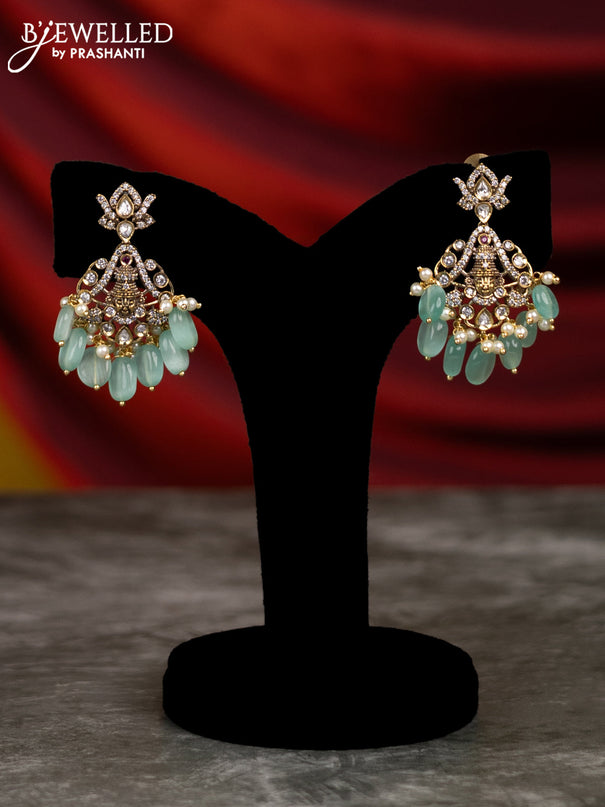 Beaded mint green necklace tirupati balaji pendant with cz stones and pearl & beads hangings in victorian finish
