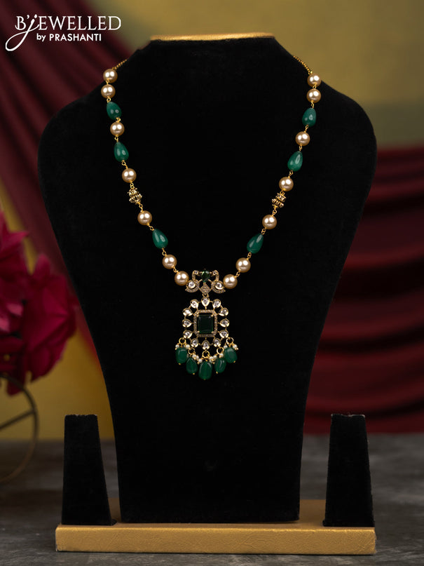 Beaded green necklace with emerald & cz stones and pearl hangings without earrings in victorian finish