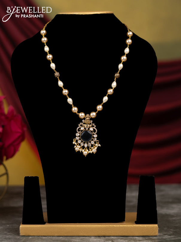 Beaded necklace with sapphire & cz stones and pearl hangings without earrings in victorian finish