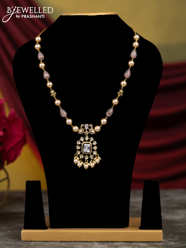 Beaded green necklace with cz stones and pearl hangings without earrings in victorian finish