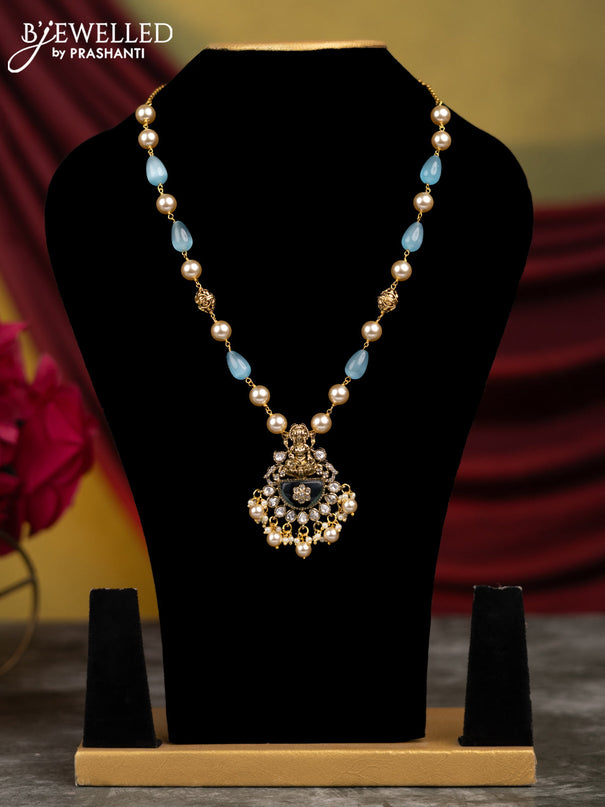 Beaded ice blue necklace lakshmi design with cz stones and pearl hangings without earrings in victorian finish