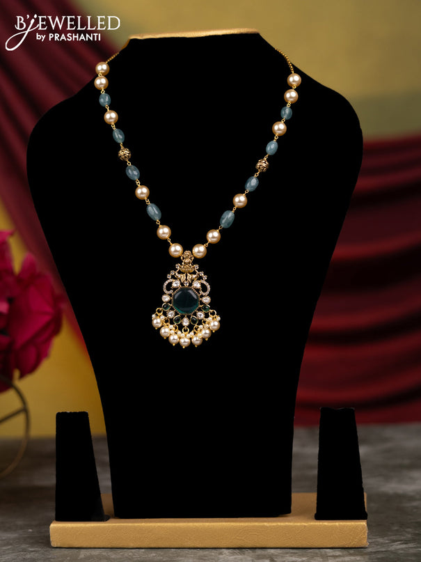 Beaded ice blue necklace lakshmi design with cz stones and pearl hangings without earrings in victorian finish