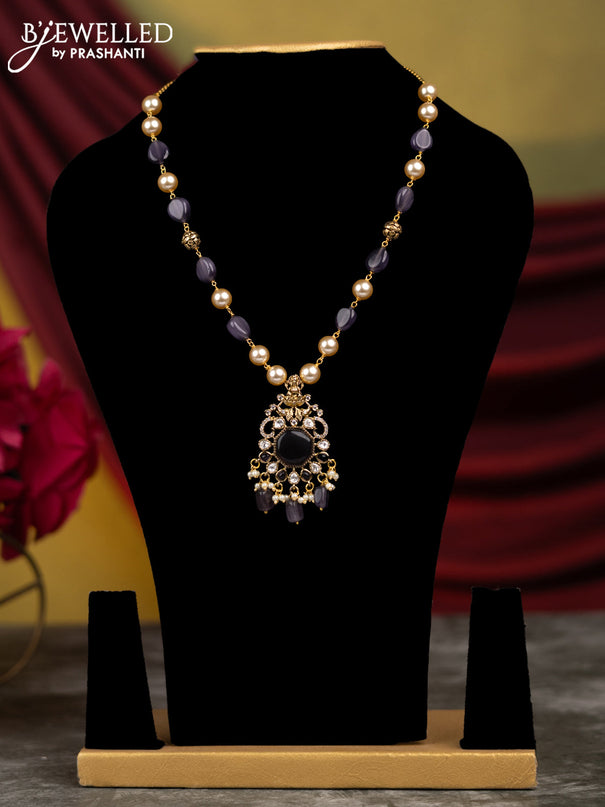 Beaded purple necklace lakshmi design with cz stones and pearl hangings without earrings in victorian finish
