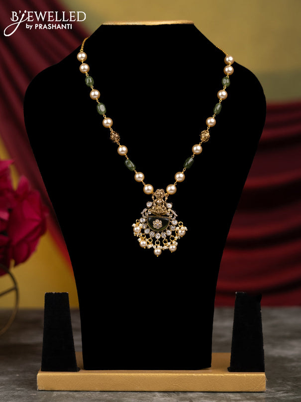 Beaded sap green necklace lakshmi design with cz stones and pearl hangings without earrings in victorian finish