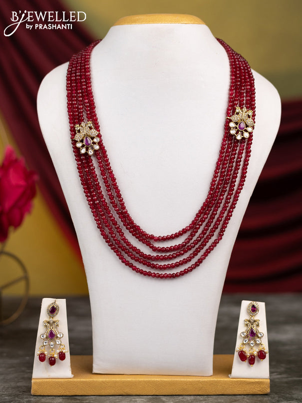 Beaded multilayer maroon necklace with peacock side pendant and ruby & cz stones in victorian finish