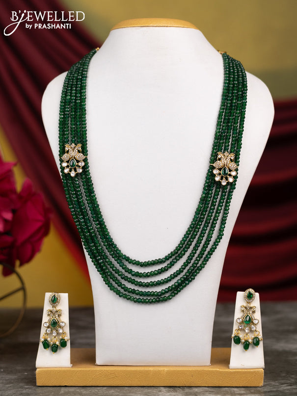 Beaded multilayer green necklace with peacock side pendant and emerald & cz stones in victorian finish