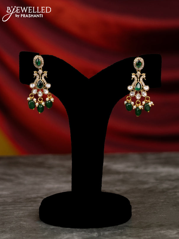 Beaded multilayer green necklace with peacock side pendant and emerald & cz stones in victorian finish