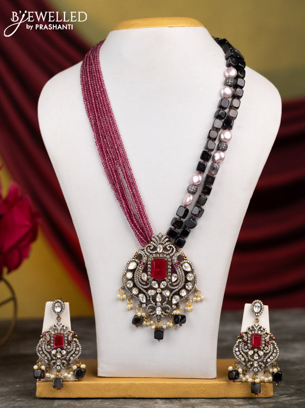 Beaded pink & black necklace peacock design with ruby & kundan cz stones and pearl & bead hangings