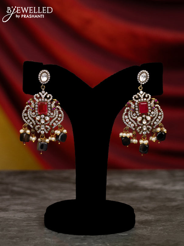 Beaded pink & black necklace peacock design with ruby & kundan cz stones and pearl & bead hangings