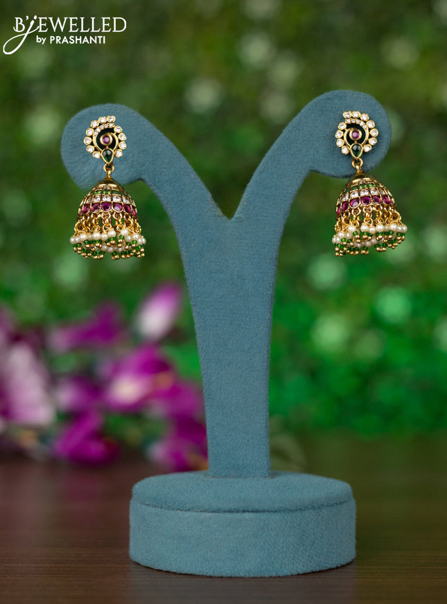 Antique jhumkas with kemp & cz stones and pearl hangings