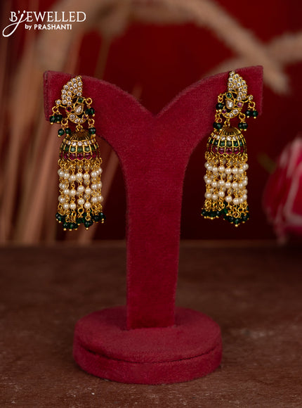 Antique jhumkas peacock desgin with kemp & cz stones and pearl & green beads hangings