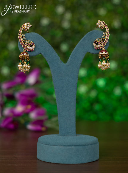 Antique earcuff jhumkas peacock desgin with kemp & cz stones and pearl hangings