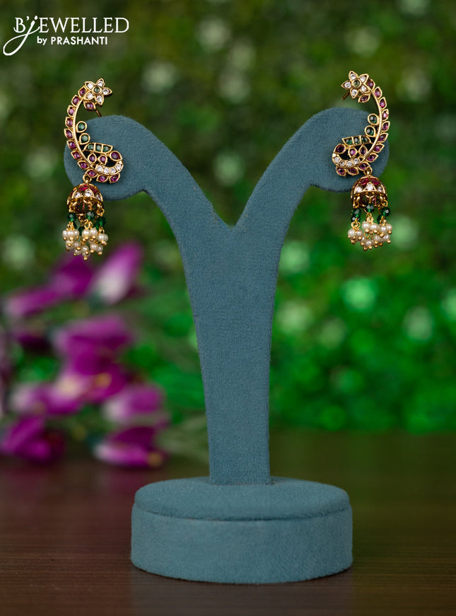 Antique earcuff jhumkas peacock desgin with kemp & cz stones and pearl hangings