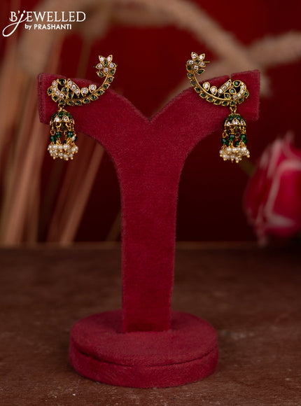 Antique earcuff jhumkas peacock desgin with emerald & cz stones and pearl hangings