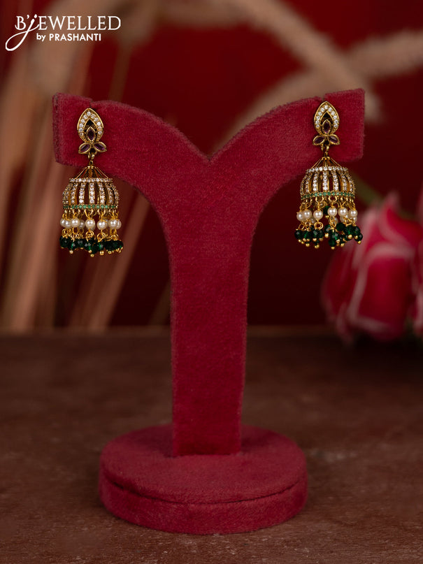 Antique jhumkas with kemp & cz stones and pearl & green beads hangings