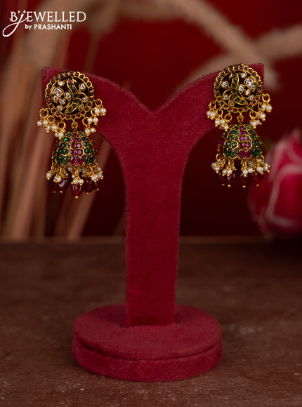 Antique jhumkas with kemp & cz stones and pearl & pink beads hangings