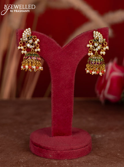 Antique jhumkas peacock desgin with kemp & cz stones and pearl & pavalam beads hangings