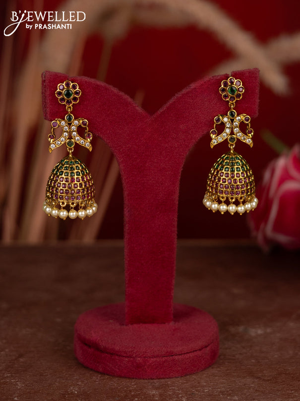 Antique jhumkas peacock desgin with kemp & cz stones and pearl hangings