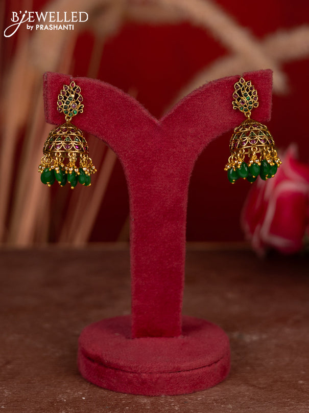 Antique jhumkas with kemp stones and green & golden beads hangings