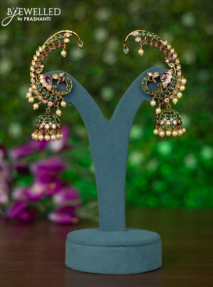 Antique earcuff jhumkas with kemp & cz stones and pearl hangings
