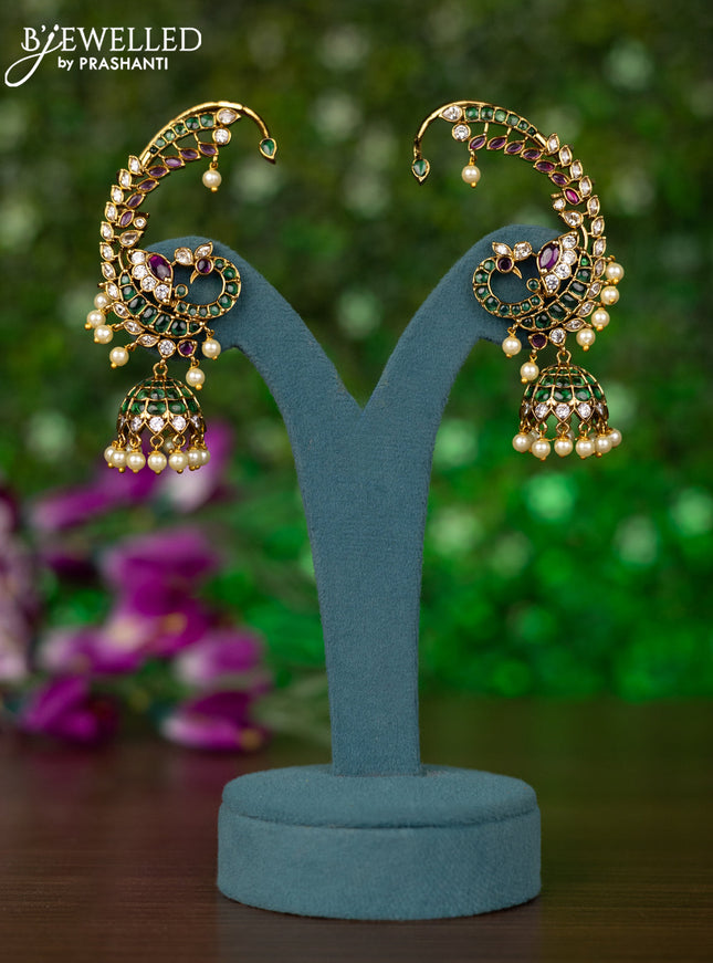 Antique earcuff jhumkas with kemp & cz stones and pearl hangings