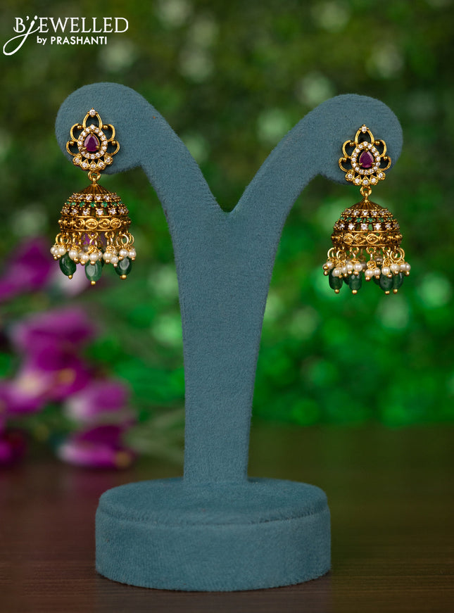 Antique jhumkas with kemp & cz stones and pearl & green beads hangings
