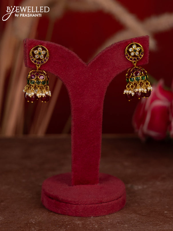 Antique jhumkas with kemp & cz stones and pearl & pink beads hangings