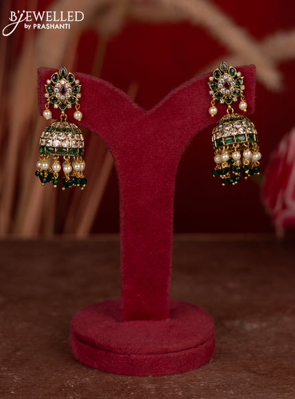 Antique jhumkas with kemp & cz stones and pearl & green beads hangings