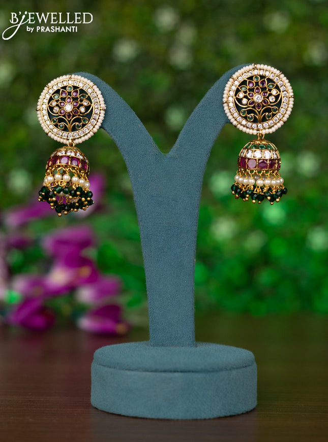 Antique jhumkas with kemp & cz stones and pearl & green beads hangings