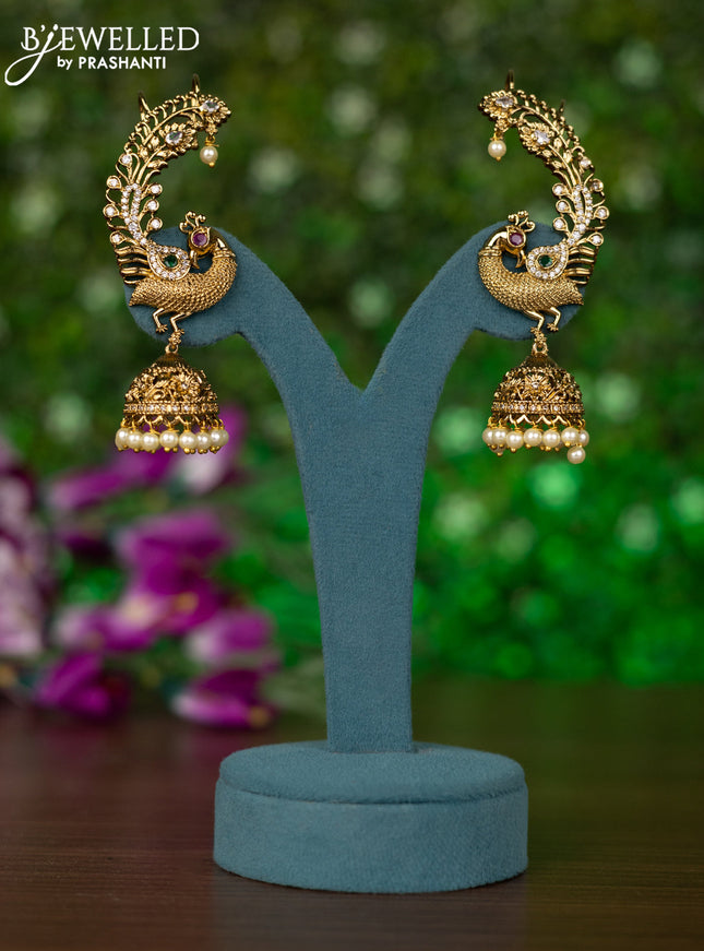 Antique earcuff jhumkas peacock design with kemp & cz stones and pearl hangings