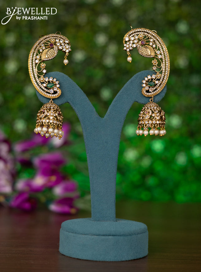 Antique earcuff jhumkas peacock design with kemp & cz stones and pearl hangings
