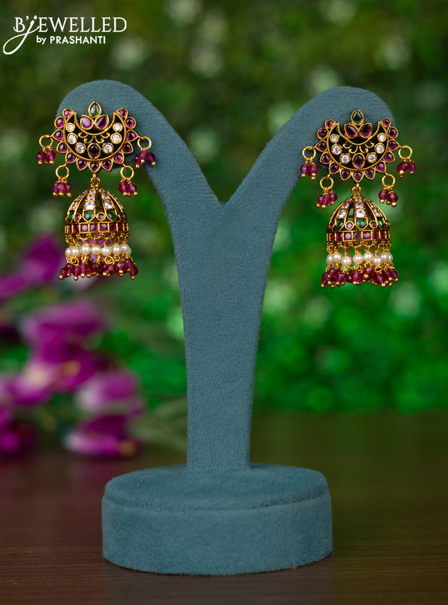 Antique jhumkas with kemp & cz stones and pearl & pink beads hangings