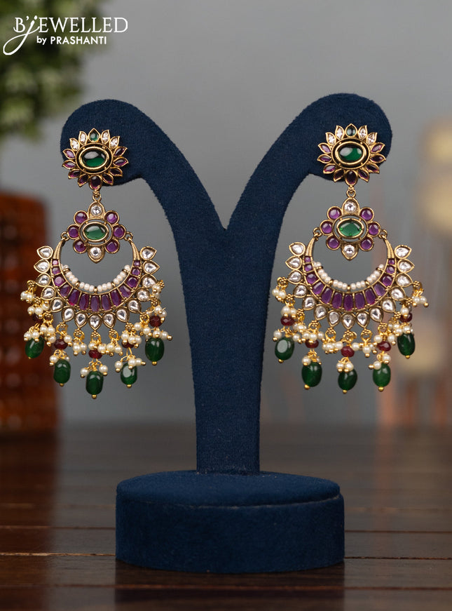 Antique earrings chandbali design with kemp & cz stones and pearl & green beads hangings