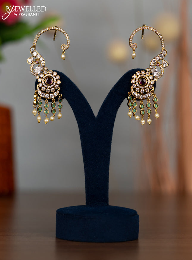 Antique earcuff earrings with kemp & cz stones and pearl hangings