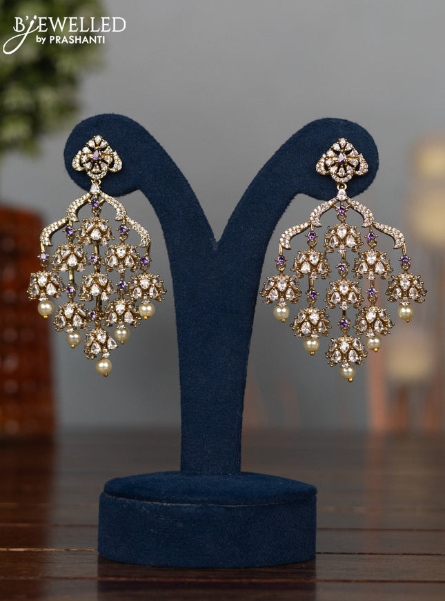 Antique earrings with violet & cz stones and pearl hangings