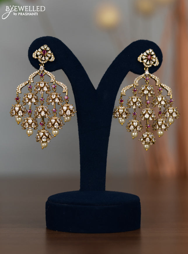 Antique earrings with ruby & cz stones and pearl hangings