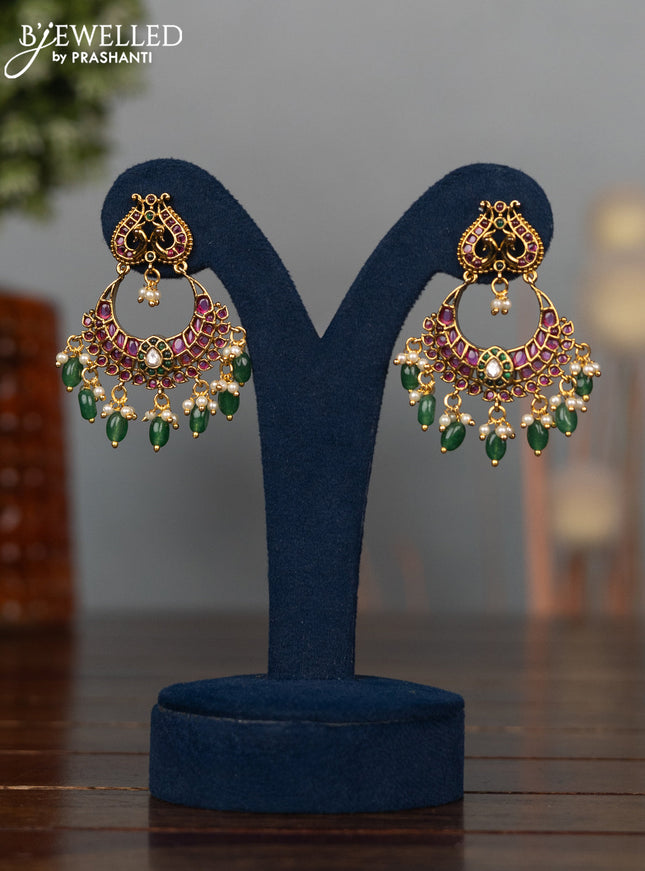 Antique earrings with kemp & kundan stones and pearl & green beads hangings