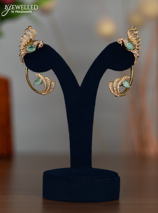 Antique earcuff earrings peacock design with mint green and cz stones