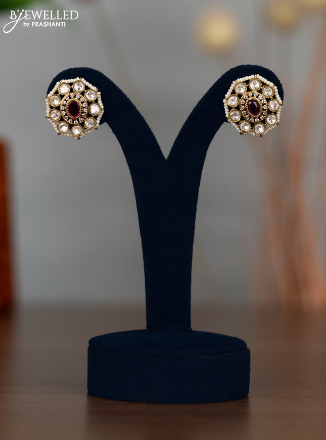 Antique earrings with ruby & kundan cz stone and pearls