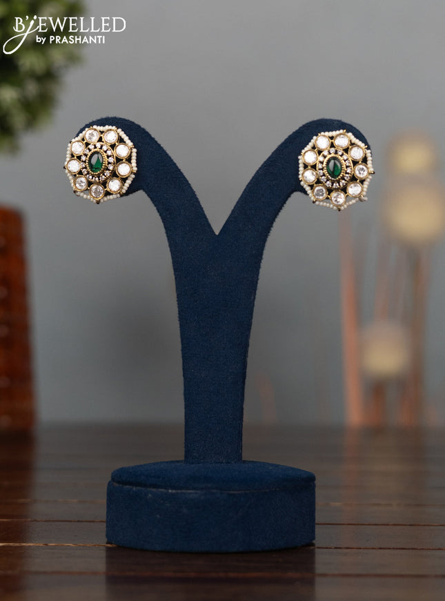 Antique earrings with emerald & kundan cz stone and pearls