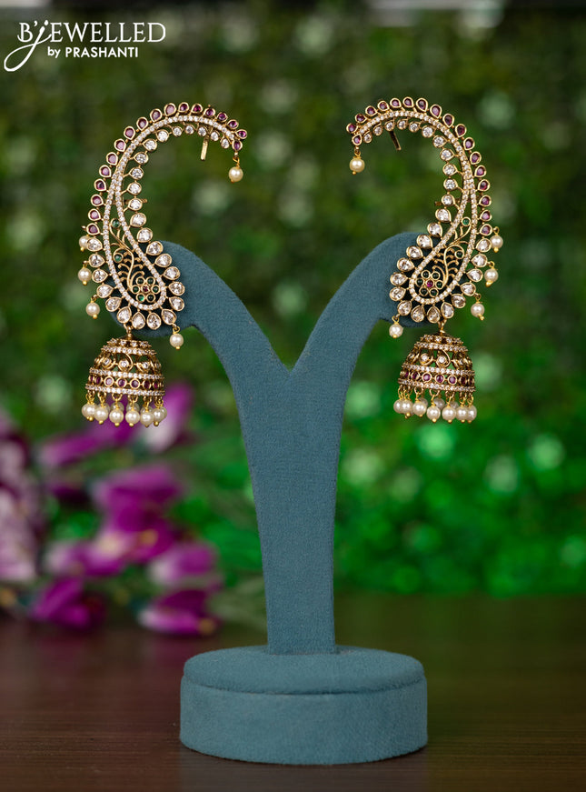 Antique earcuff jhumkas with kemp & cz stones and pearl hangings