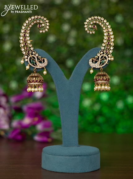 Antique earcuff jhumkas peacock design with kemp & cz stones and pearl hangings