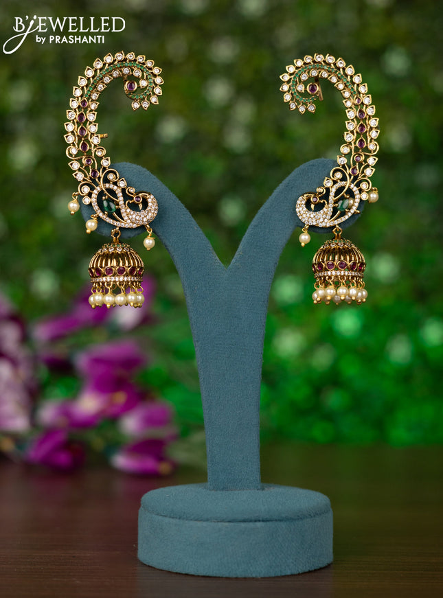 Antique earcuff jhumkas peacock design with kemp & cz stones and pearl hangings