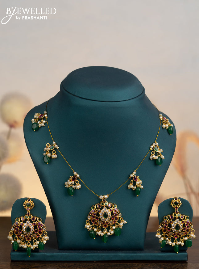 Invisible chain with kemp & cz stones and pearl & green beads hangings