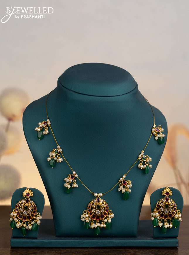 Invisible chain with kemp & cz stones and pearl & green beads hangings