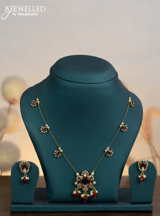 Invisible chain with ruby & cz stones and pearl & pink beads hangings